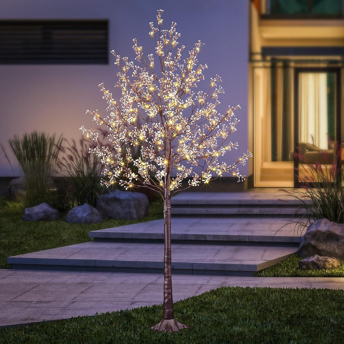 6FT Lighted White Magnolia Tree 120 LED Artificial Flowers Tree with Lights for Decor Inside and Outside Home Patio Wedding Festival Christmas Decoration Warm White