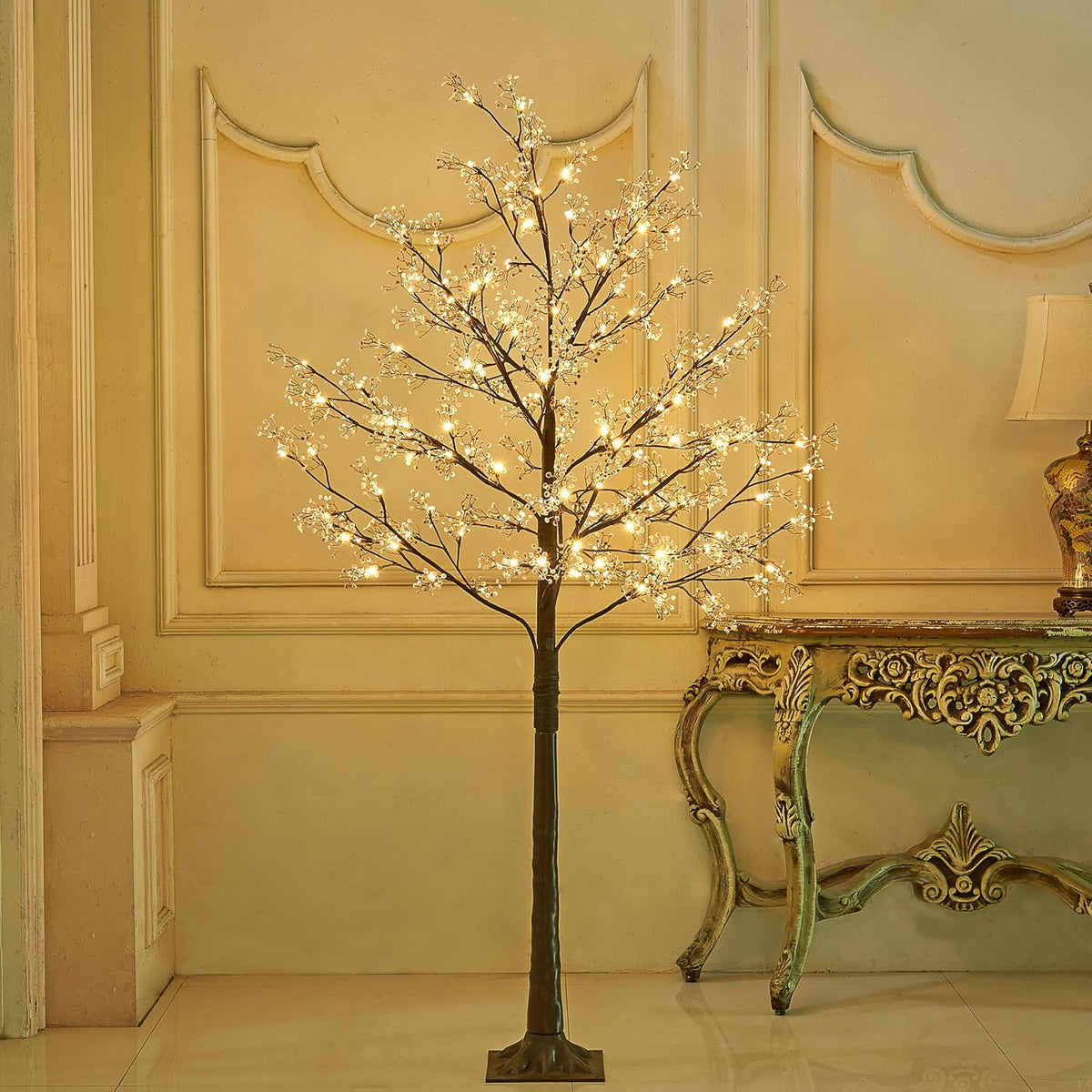 6FT Lighted White Magnolia Tree 120 LED Artificial Flowers Tree with Lights for Decor Inside and Outside Home Patio Wedding Festival Christmas Decoration Warm White