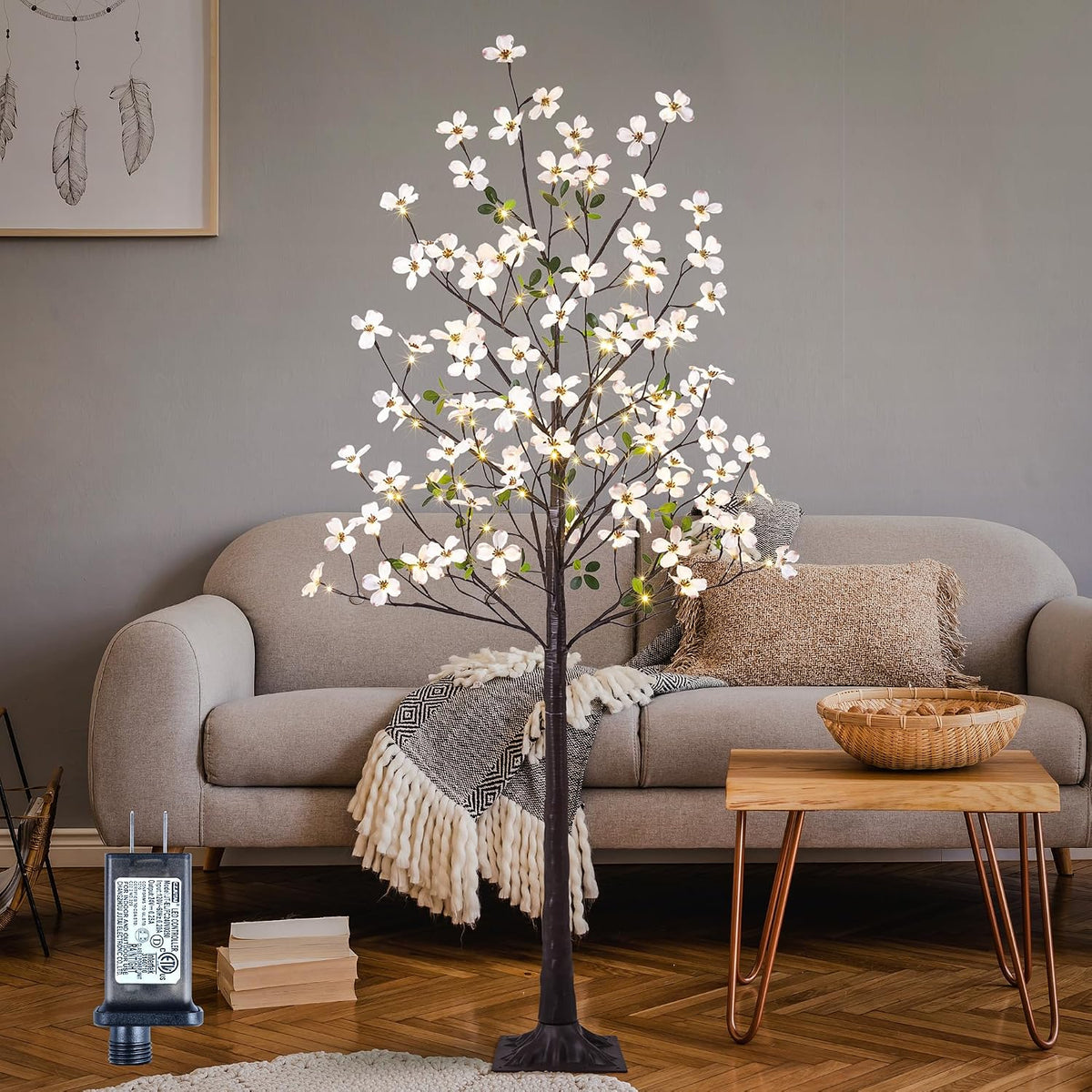 6FT Lighted White Magnolia Tree 120 LED Artificial Flowers Tree with Lights for Decor Inside and Outside Home Patio Wedding Festival Christmas Decoration Warm White