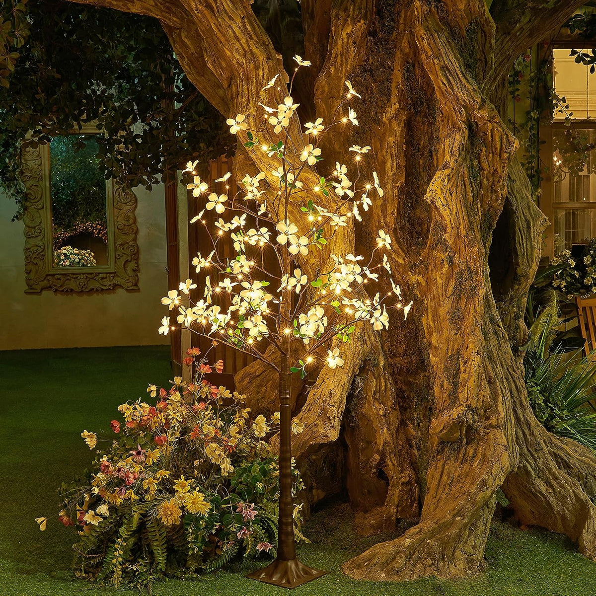 6FT Lighted White Magnolia Tree 120 LED Artificial Flowers Tree with Lights for Decor Inside and Outside Home Patio Wedding Festival Christmas Decoration Warm White