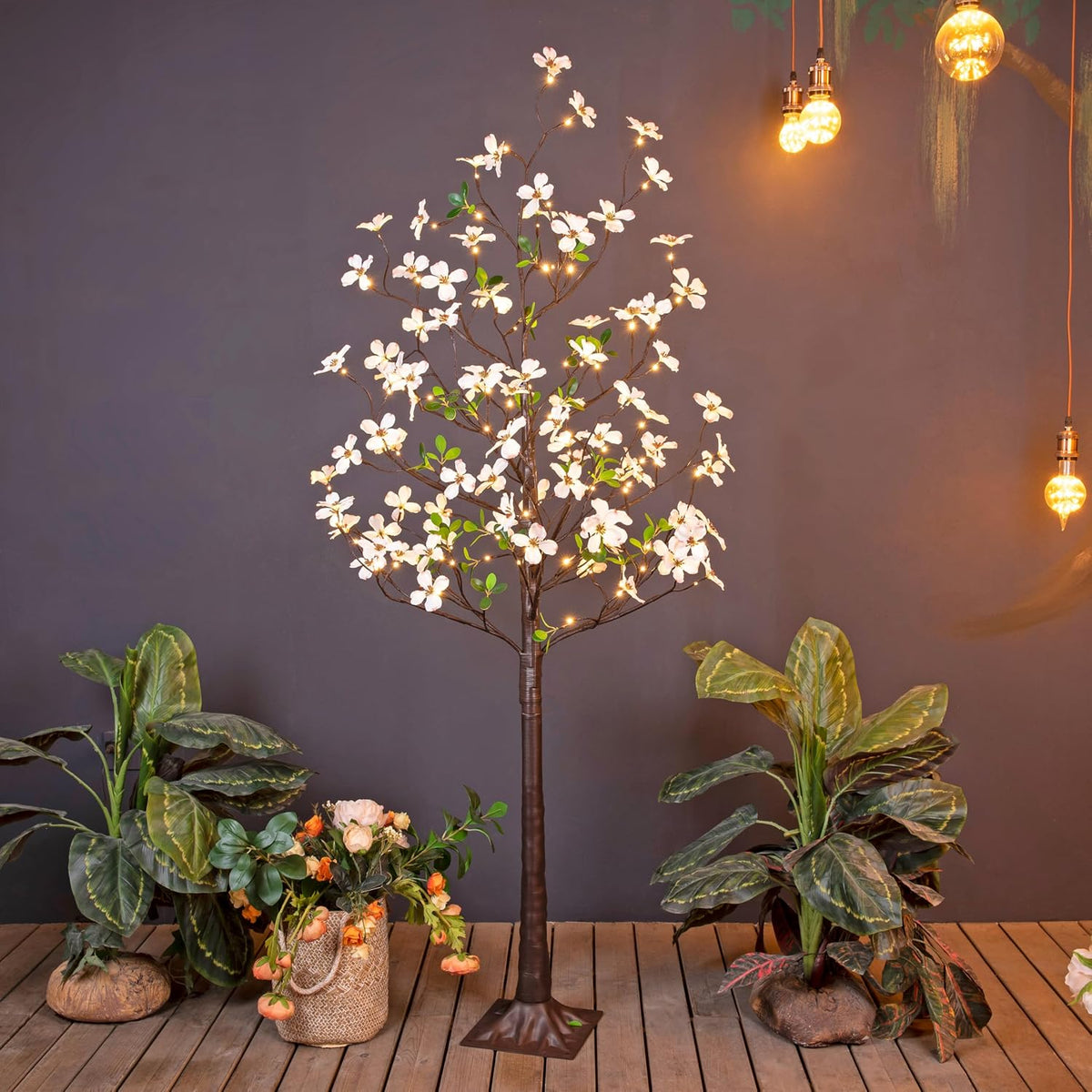 6FT Lighted White Magnolia Tree 120 LED Artificial Flowers Tree with Lights for Decor Inside and Outside Home Patio Wedding Festival Christmas Decoration Warm White