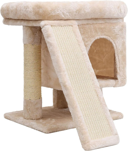 YANDLVY Small Cat Tower for Cats, Cute Cat Tree for Indoor Cats, Kittens Condo with Scratching Post and Board, Cat Cave, Modern Cat Activity House with Plush Perch (Green)