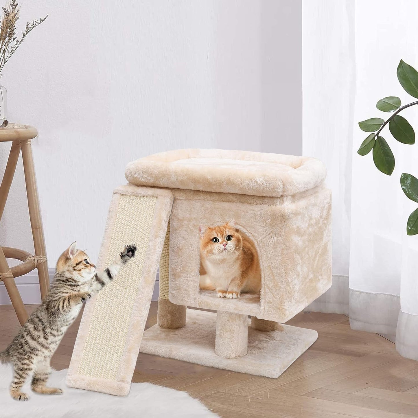 YANDLVY Small Cat Tower for Cats, Cute Cat Tree for Indoor Cats, Kittens Condo with Scratching Post and Board, Cat Cave, Modern Cat Activity House with Plush Perch (Green)
