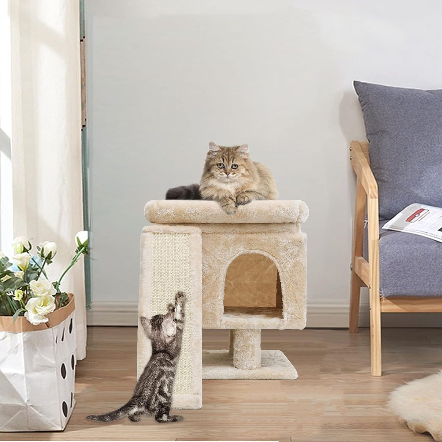 YANDLVY Small Cat Tower for Cats, Cute Cat Tree for Indoor Cats, Kittens Condo with Scratching Post and Board, Cat Cave, Modern Cat Activity House with Plush Perch (Green)