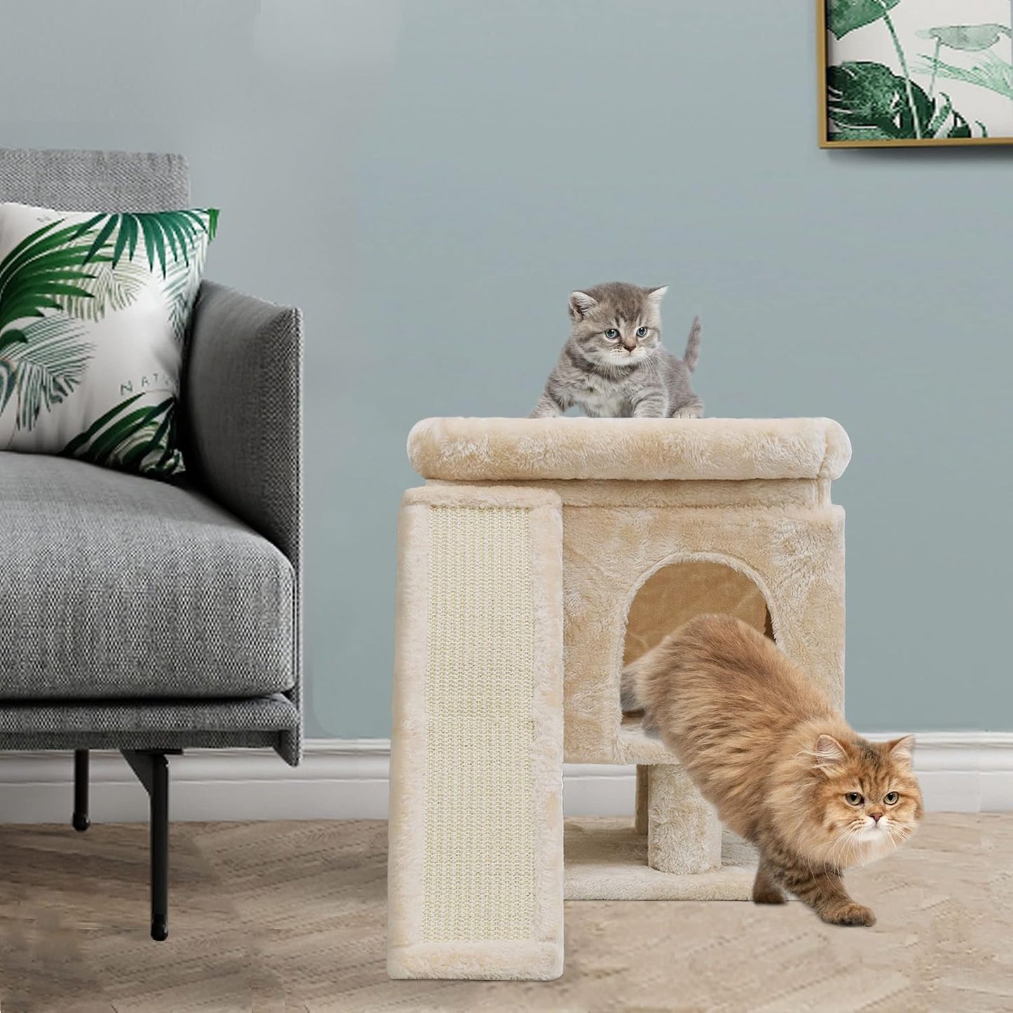YANDLVY Small Cat Tower for Cats, Cute Cat Tree for Indoor Cats, Kittens Condo with Scratching Post and Board, Cat Cave, Modern Cat Activity House with Plush Perch (Green)