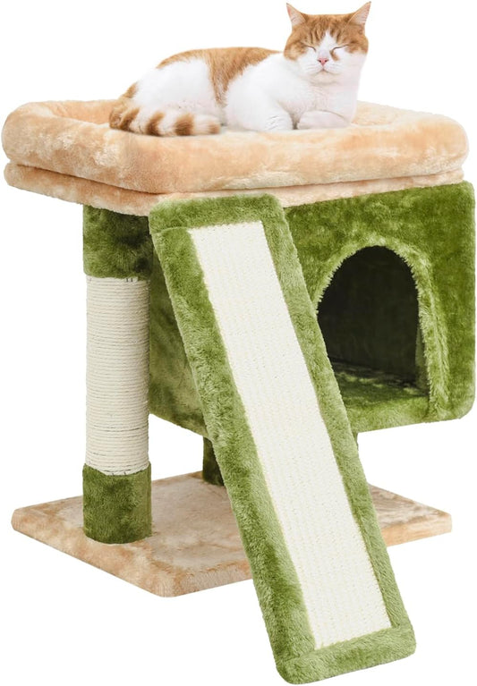 YANDLVY Small Cat Tower for Cats, Cute Cat Tree for Indoor Cats, Kittens Condo with Scratching Post and Board, Cat Cave, Modern Cat Activity House with Plush Perch (Green)