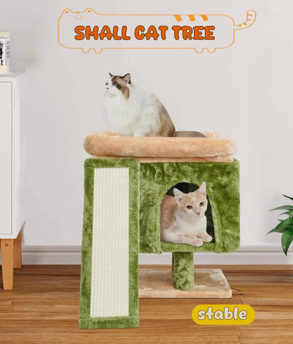YANDLVY Small Cat Tower for Cats, Cute Cat Tree for Indoor Cats, Kittens Condo with Scratching Post and Board, Cat Cave, Modern Cat Activity House with Plush Perch (Green)