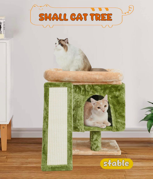 YANDLVY Small Cat Tower for Cats, Cute Cat Tree for Indoor Cats, Kittens Condo with Scratching Post and Board, Cat Cave, Modern Cat Activity House with Plush Perch (Green)