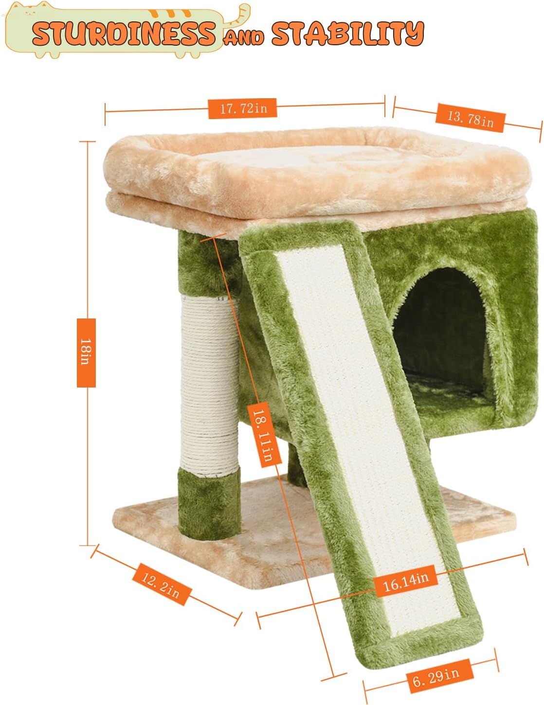 YANDLVY Small Cat Tower for Cats, Cute Cat Tree for Indoor Cats, Kittens Condo with Scratching Post and Board, Cat Cave, Modern Cat Activity House with Plush Perch (Green)