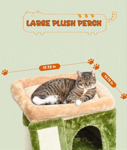 YANDLVY Small Cat Tower for Cats, Cute Cat Tree for Indoor Cats, Kittens Condo with Scratching Post and Board, Cat Cave, Modern Cat Activity House with Plush Perch (Green)