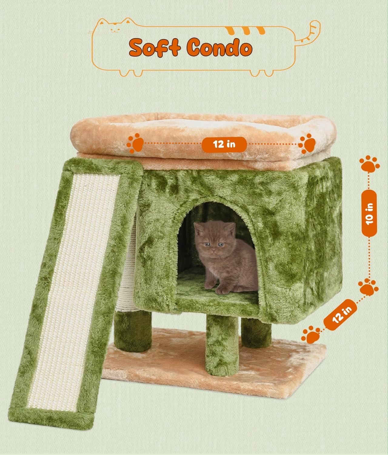 YANDLVY Small Cat Tower for Cats, Cute Cat Tree for Indoor Cats, Kittens Condo with Scratching Post and Board, Cat Cave, Modern Cat Activity House with Plush Perch (Green)
