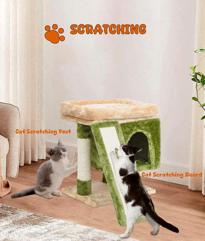 YANDLVY Small Cat Tower for Cats, Cute Cat Tree for Indoor Cats, Kittens Condo with Scratching Post and Board, Cat Cave, Modern Cat Activity House with Plush Perch (Green)