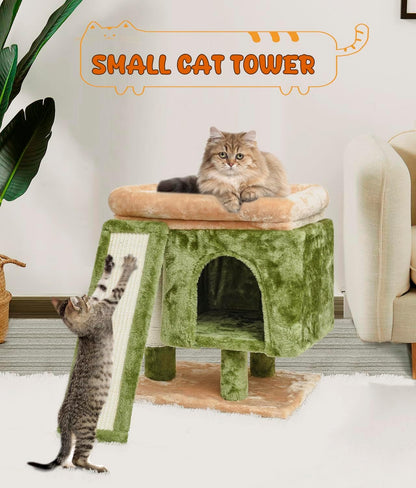 YANDLVY Small Cat Tower for Cats, Cute Cat Tree for Indoor Cats, Kittens Condo with Scratching Post and Board, Cat Cave, Modern Cat Activity House with Plush Perch (Green)