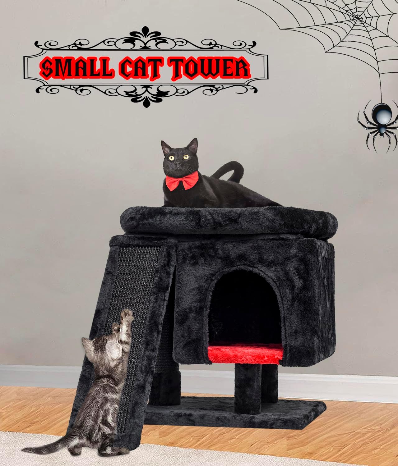 YANDLVY Small Cat Tower for Cats, Cute Cat Tree for Indoor Cats, Kittens Condo with Scratching Post and Board, Cat Cave, Modern Cat Activity House with Plush Perch (Green)
