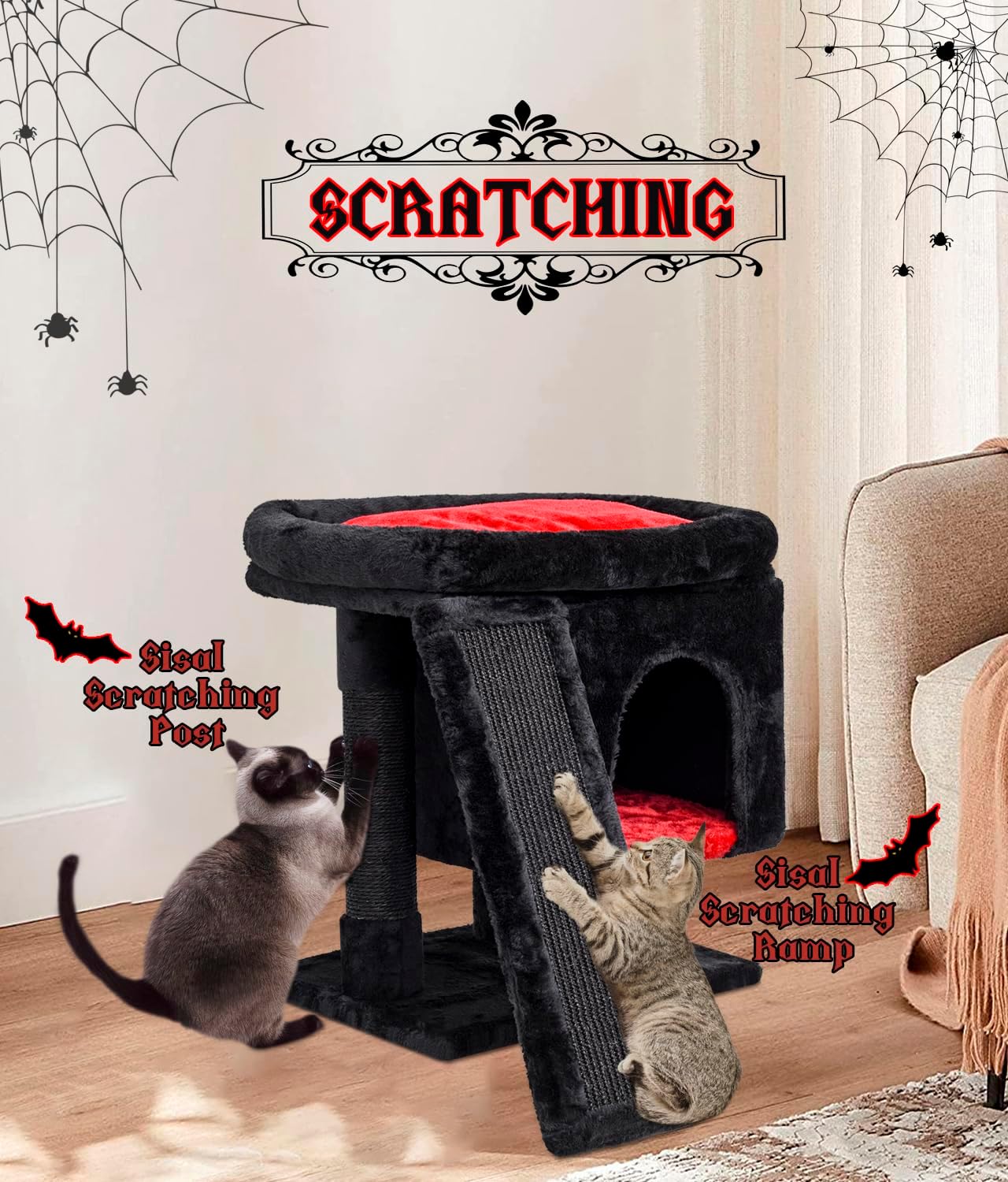 YANDLVY Small Cat Tower for Cats, Cute Cat Tree for Indoor Cats, Kittens Condo with Scratching Post and Board, Cat Cave, Modern Cat Activity House with Plush Perch (Green)
