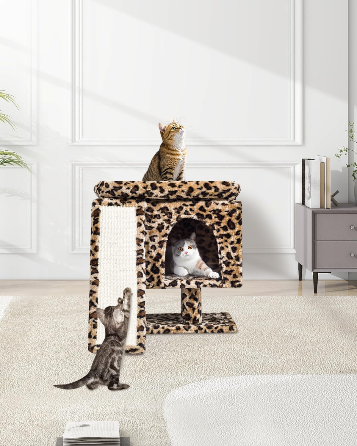 YANDLVY Small Cat Tower for Cats, Cute Cat Tree for Indoor Cats, Kittens Condo with Scratching Post and Board, Cat Cave, Modern Cat Activity House with Plush Perch (Green)