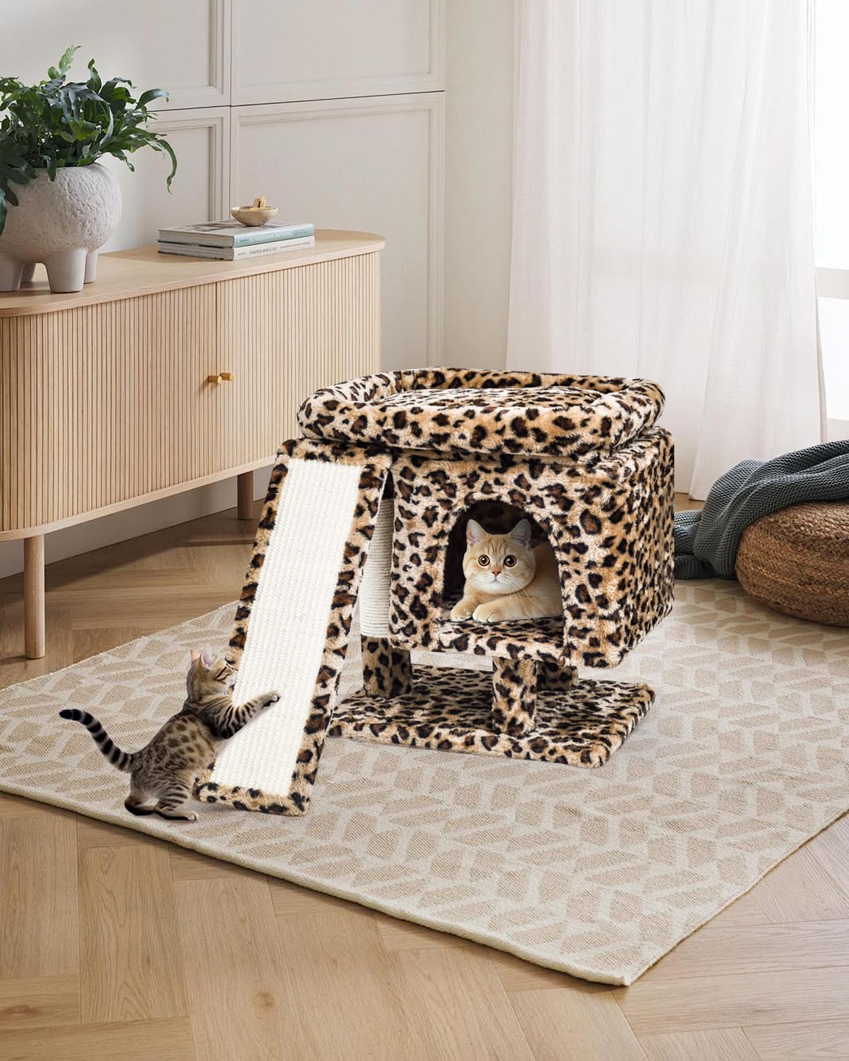 YANDLVY Small Cat Tower for Cats, Cute Cat Tree for Indoor Cats, Kittens Condo with Scratching Post and Board, Cat Cave, Modern Cat Activity House with Plush Perch (Green)