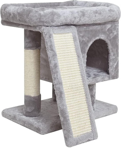 YANDLVY Small Cat Tower for Cats, Cute Cat Tree for Indoor Cats, Kittens Condo with Scratching Post and Board, Cat Cave, Modern Cat Activity House with Plush Perch (Green)