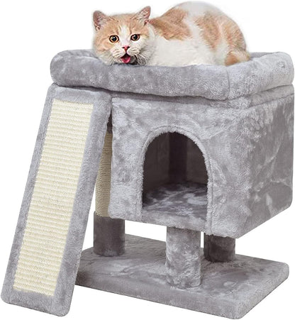 YANDLVY Small Cat Tower for Cats, Cute Cat Tree for Indoor Cats, Kittens Condo with Scratching Post and Board, Cat Cave, Modern Cat Activity House with Plush Perch (Green)