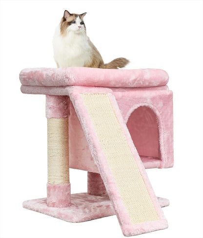 YANDLVY Small Cat Tower for Cats, Cute Cat Tree for Indoor Cats, Kittens Condo with Scratching Post and Board, Cat Cave, Modern Cat Activity House with Plush Perch (Green)