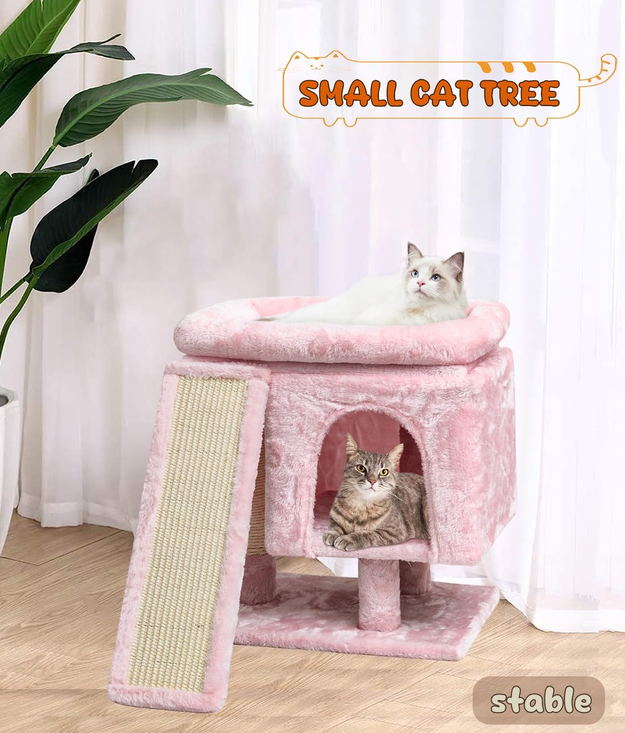 YANDLVY Small Cat Tower for Cats, Cute Cat Tree for Indoor Cats, Kittens Condo with Scratching Post and Board, Cat Cave, Modern Cat Activity House with Plush Perch (Green)