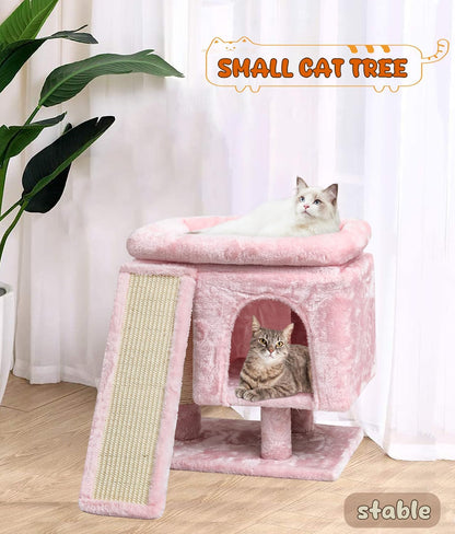 YANDLVY Small Cat Tower for Cats, Cute Cat Tree for Indoor Cats, Kittens Condo with Scratching Post and Board, Cat Cave, Modern Cat Activity House with Plush Perch (Green)
