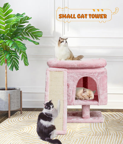 YANDLVY Small Cat Tower for Cats, Cute Cat Tree for Indoor Cats, Kittens Condo with Scratching Post and Board, Cat Cave, Modern Cat Activity House with Plush Perch (Green)