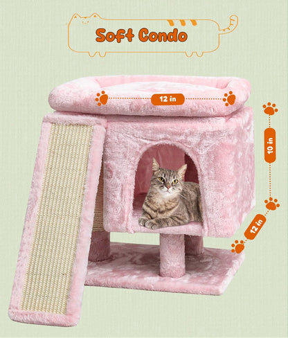 YANDLVY Small Cat Tower for Cats, Cute Cat Tree for Indoor Cats, Kittens Condo with Scratching Post and Board, Cat Cave, Modern Cat Activity House with Plush Perch (Green)