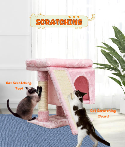 YANDLVY Small Cat Tower for Cats, Cute Cat Tree for Indoor Cats, Kittens Condo with Scratching Post and Board, Cat Cave, Modern Cat Activity House with Plush Perch (Green)