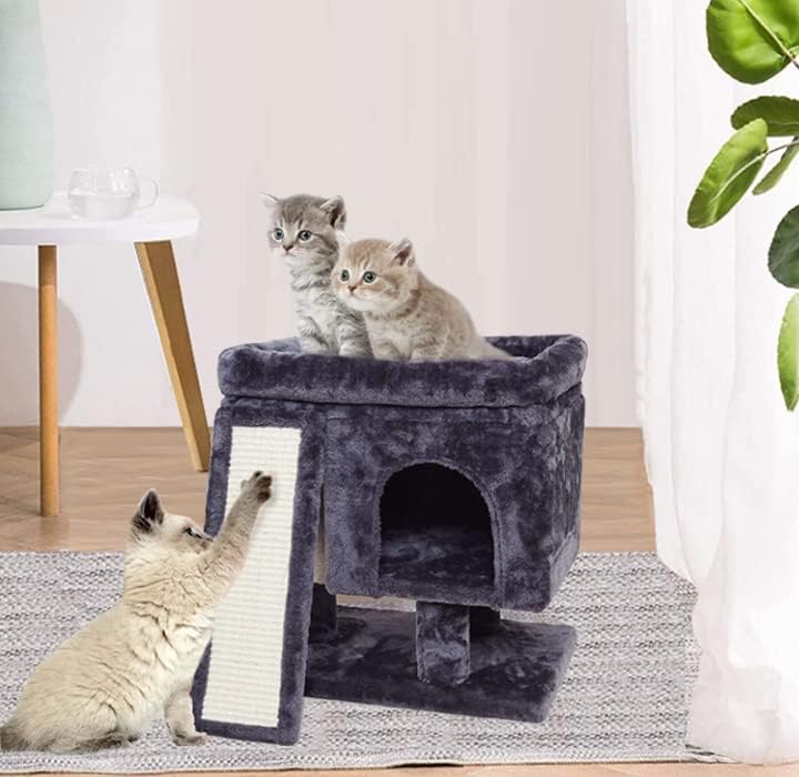YANDLVY Small Cat Tower for Cats, Cute Cat Tree for Indoor Cats, Kittens Condo with Scratching Post and Board, Cat Cave, Modern Cat Activity House with Plush Perch (Green)