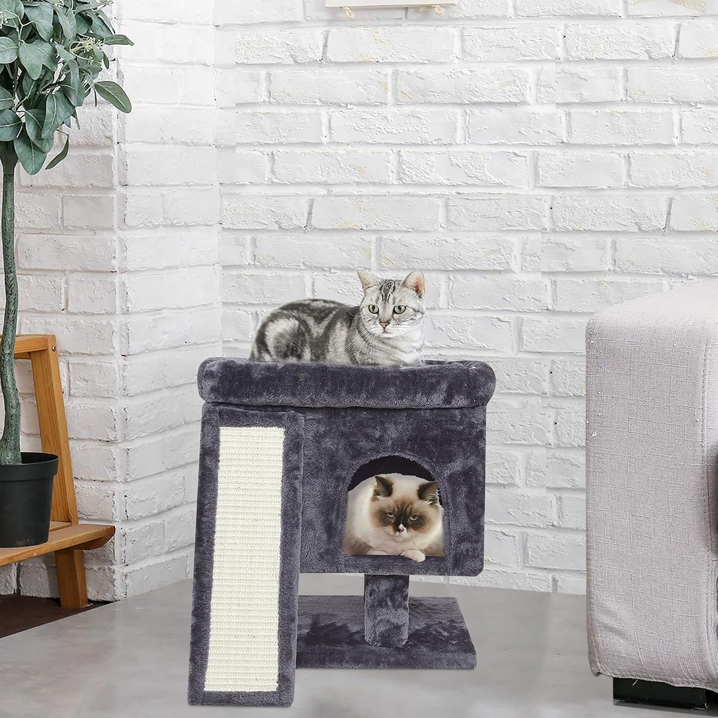 YANDLVY Small Cat Tower for Cats, Cute Cat Tree for Indoor Cats, Kittens Condo with Scratching Post and Board, Cat Cave, Modern Cat Activity House with Plush Perch (Green)