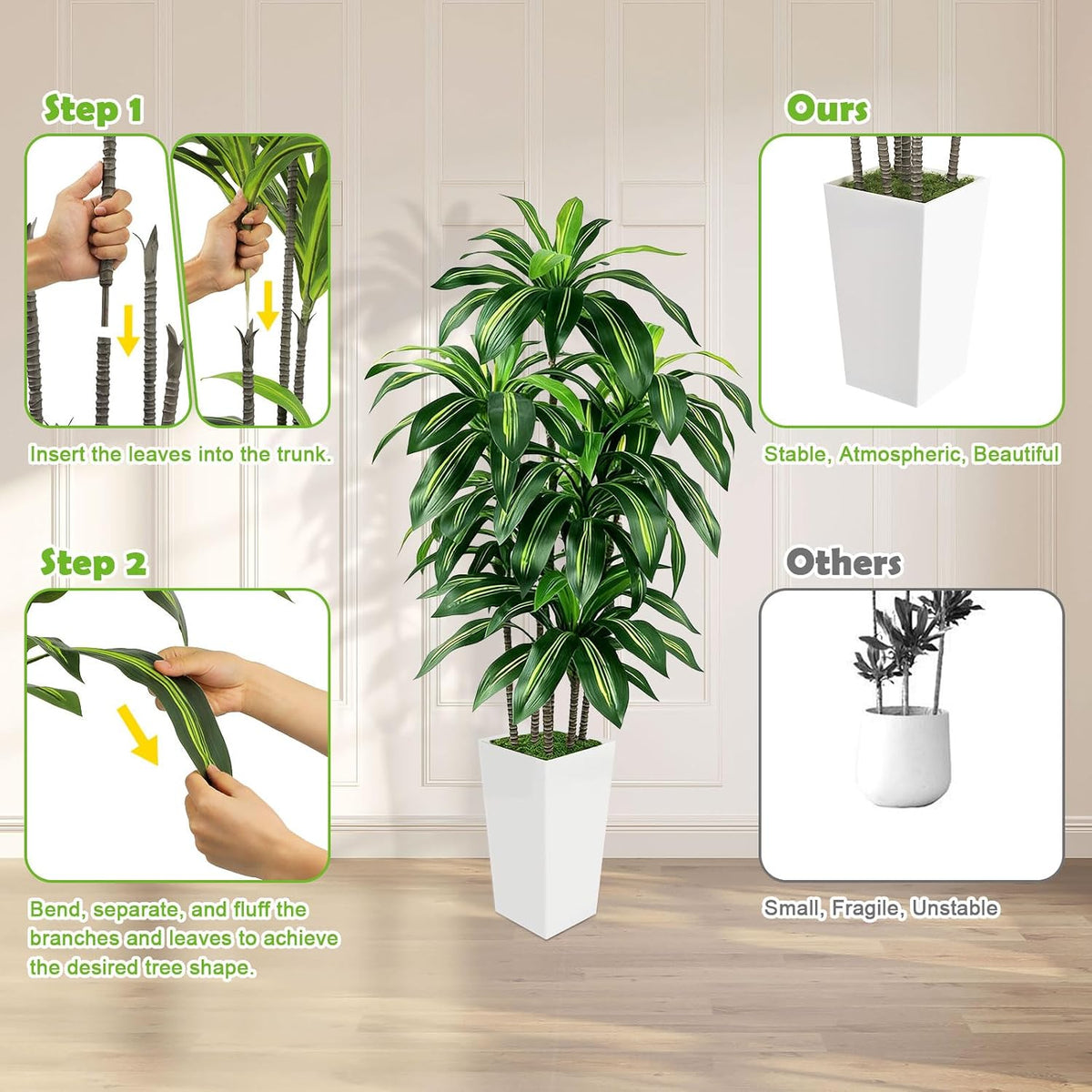 5FT Fake Plant Artificial Dracaena Tree Indoor - Faux Plants Indoor Tall with White Planter - Fake Tree Floor Plant Artificial Plants Decor for Living Room Office