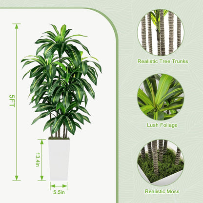5FT Fake Plant Artificial Dracaena Tree Indoor - Faux Plants Indoor Tall with White Planter - Fake Tree Floor Plant Artificial Plants Decor for Living Room Office