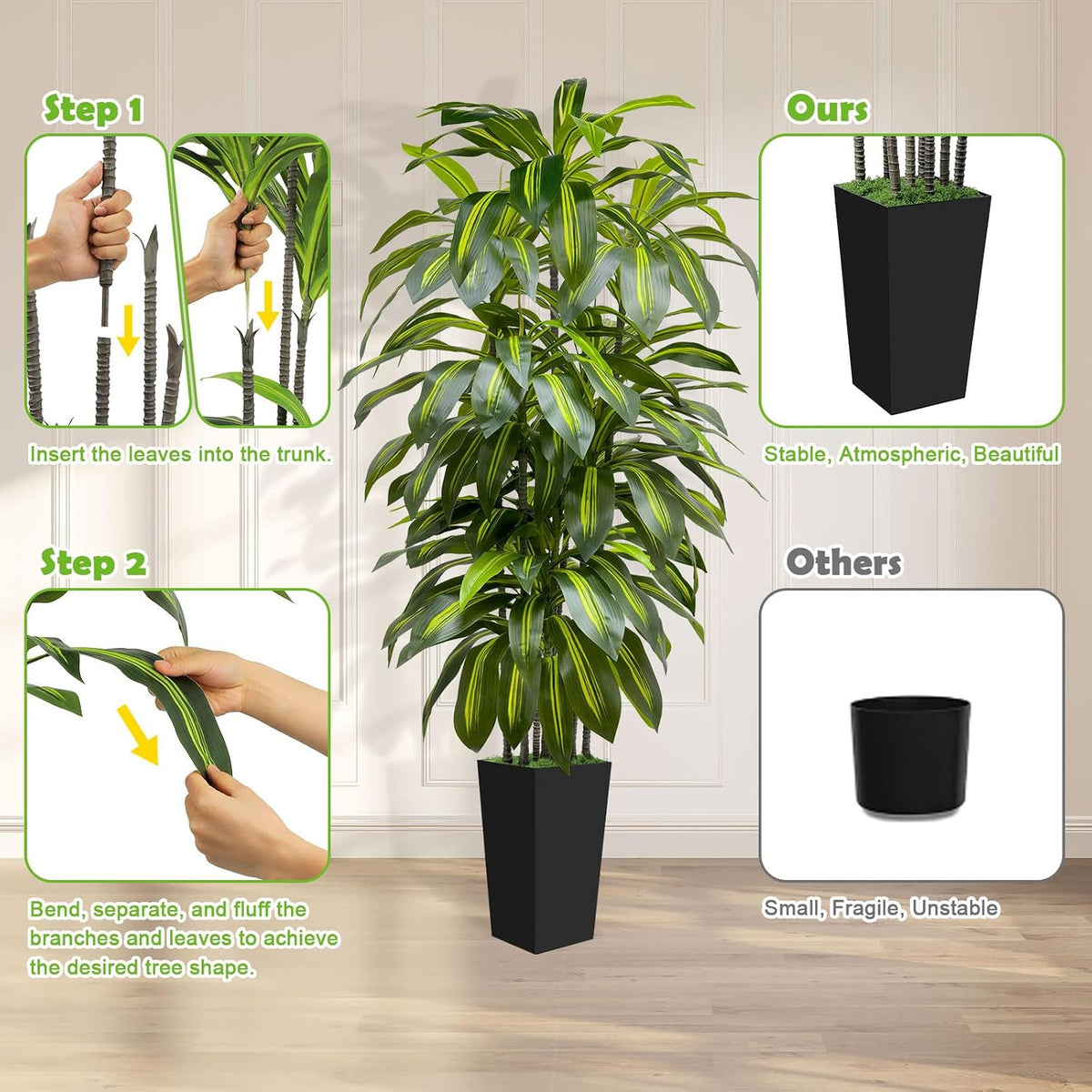 5FT Fake Plant Artificial Dracaena Tree Indoor - Faux Plants Indoor Tall with White Planter - Fake Tree Floor Plant Artificial Plants Decor for Living Room Office