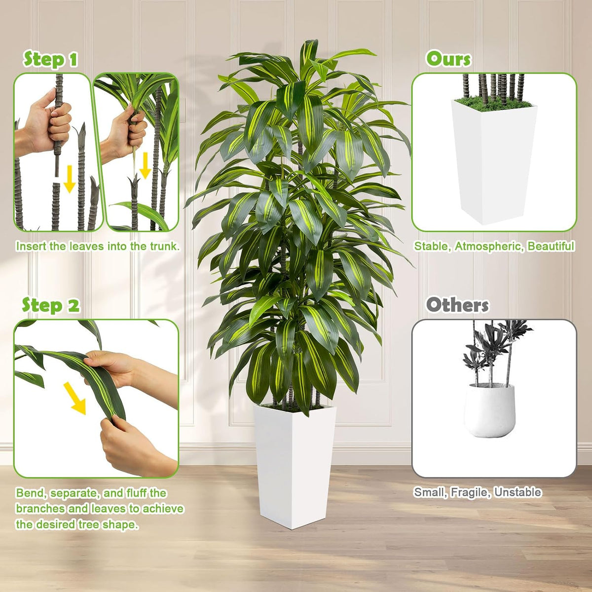 5FT Fake Plant Artificial Dracaena Tree Indoor - Faux Plants Indoor Tall with White Planter - Fake Tree Floor Plant Artificial Plants Decor for Living Room Office