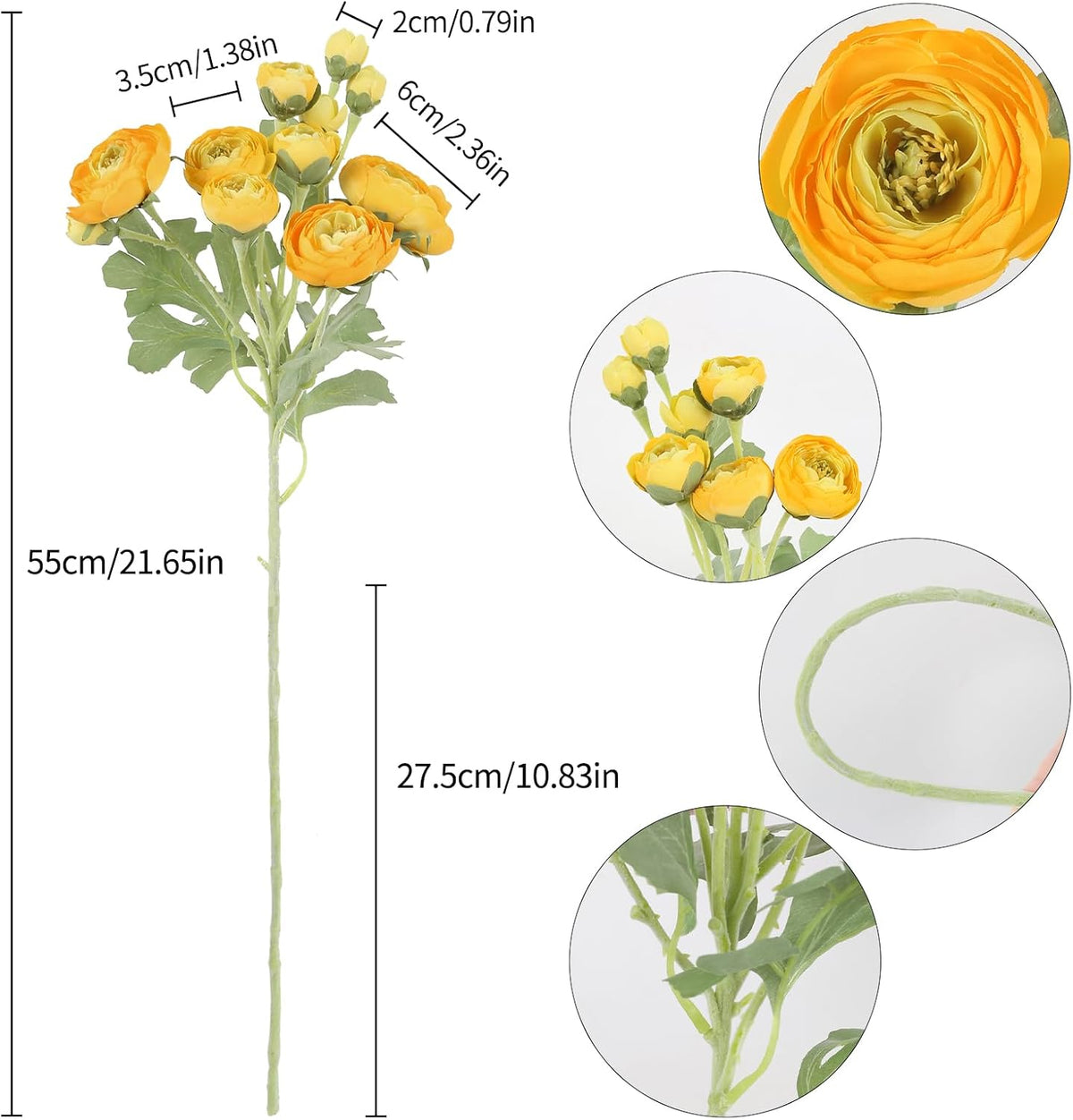 5PCS Ranunculus Artificial Flowers 60Heads Yellow Faux Peonies with Stem Real Touch 21.65" Silk Ranunculus Fake Flowers for DIY Craft Wedding Floral Arrangements Home Table Decor(Yellow)