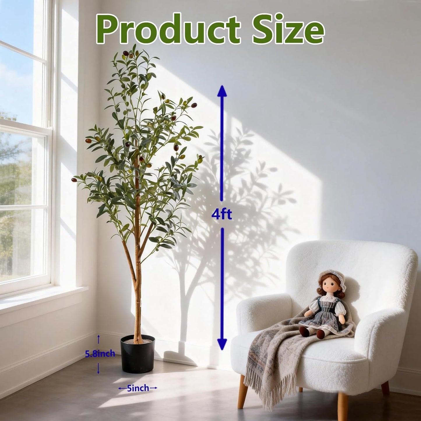 4FT Artificial Olive Tree Indoor, Tall Faux Olive Tree with Pot&Basket, Large Fake Olive Tree with Realistic 576 Silk Leaves and 32 Fruits for Living Room Home Office Decor.