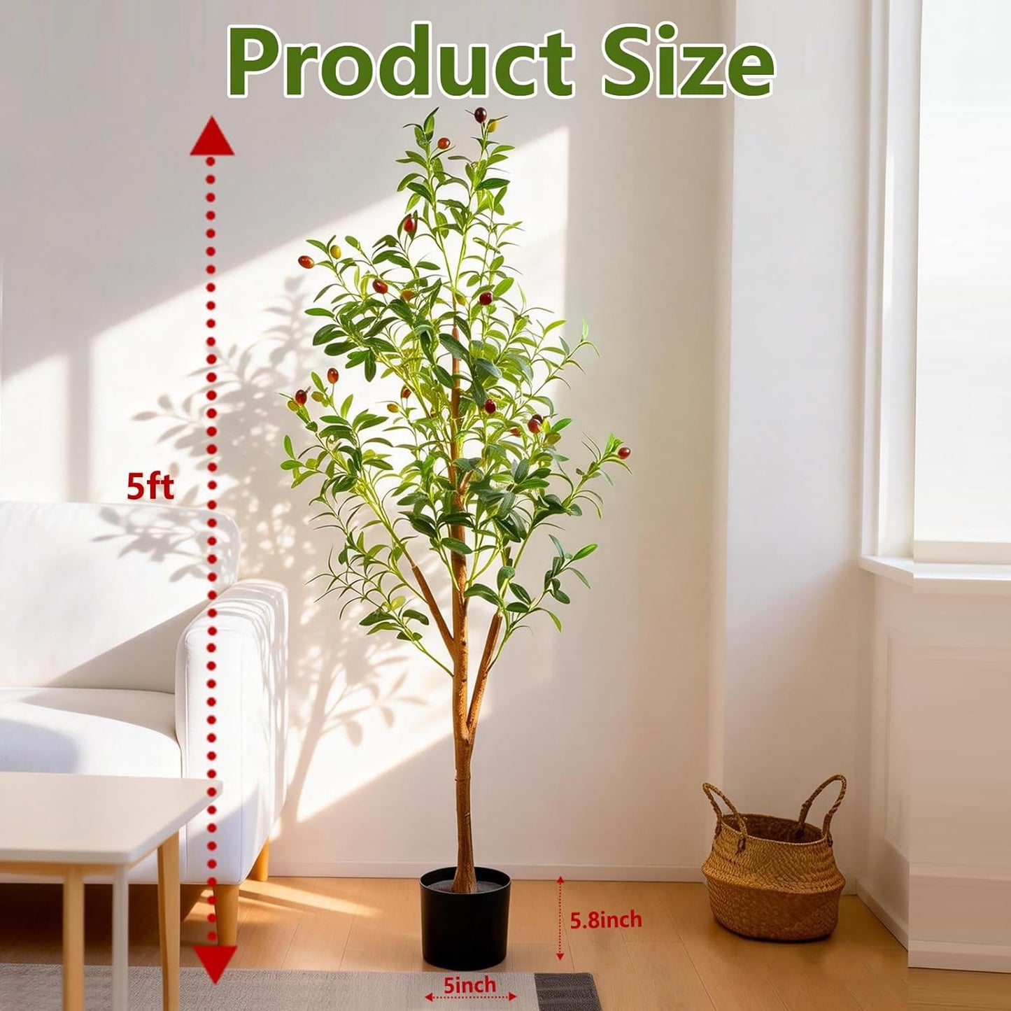 4FT Artificial Olive Tree Indoor, Tall Faux Olive Tree with Pot&Basket, Large Fake Olive Tree with Realistic 576 Silk Leaves and 32 Fruits for Living Room Home Office Decor.