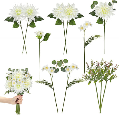 Dahlia Artificial Flowers, 12PCS Mixed White Faux Flowers with Dahlia & Daisies, Up to 20.4 Inch Long Silk Fake Flowers for Vase DIY Wedding Bouquet Party Centerpieces Arrangement Home Decor
