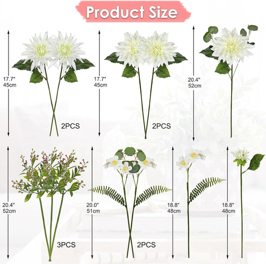 Dahlia Artificial Flowers, 12PCS Mixed White Faux Flowers with Dahlia & Daisies, Up to 20.4 Inch Long Silk Fake Flowers for Vase DIY Wedding Bouquet Party Centerpieces Arrangement Home Decor