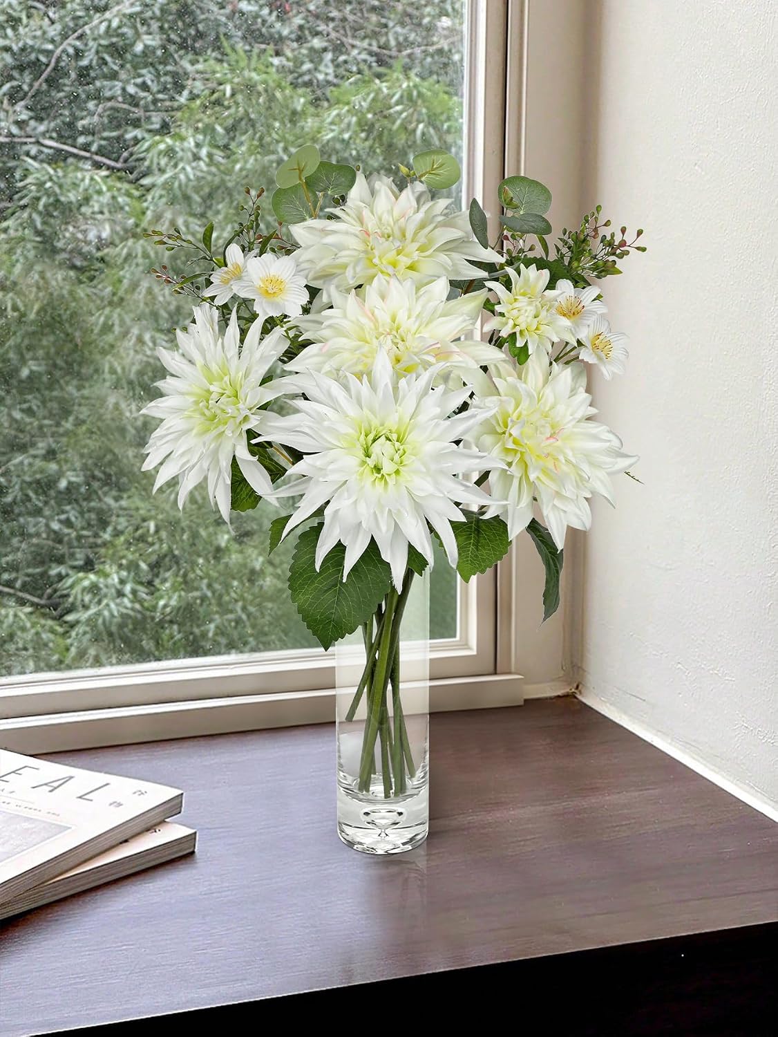 Dahlia Artificial Flowers, 12PCS Mixed White Faux Flowers with Dahlia & Daisies, Up to 20.4 Inch Long Silk Fake Flowers for Vase DIY Wedding Bouquet Party Centerpieces Arrangement Home Decor