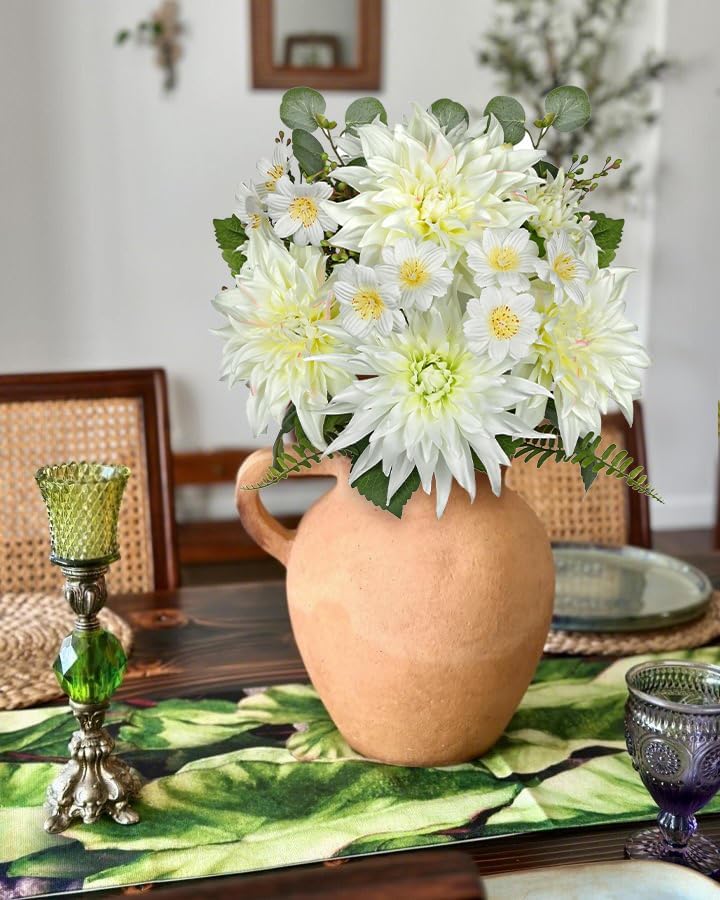 Dahlia Artificial Flowers, 12PCS Mixed White Faux Flowers with Dahlia & Daisies, Up to 20.4 Inch Long Silk Fake Flowers for Vase DIY Wedding Bouquet Party Centerpieces Arrangement Home Decor