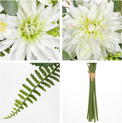 Dahlia Artificial Flowers, 12PCS Mixed White Faux Flowers with Dahlia & Daisies, Up to 20.4 Inch Long Silk Fake Flowers for Vase DIY Wedding Bouquet Party Centerpieces Arrangement Home Decor