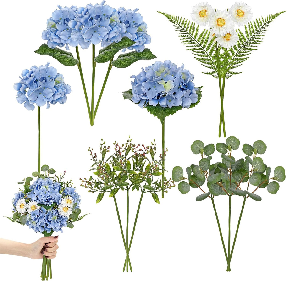 Dahlia Artificial Flowers, 12PCS Mixed White Faux Flowers with Dahlia & Daisies, Up to 20.4 Inch Long Silk Fake Flowers for Vase DIY Wedding Bouquet Party Centerpieces Arrangement Home Decor