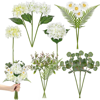 Dahlia Artificial Flowers, 12PCS Mixed White Faux Flowers with Dahlia & Daisies, Up to 20.4 Inch Long Silk Fake Flowers for Vase DIY Wedding Bouquet Party Centerpieces Arrangement Home Decor
