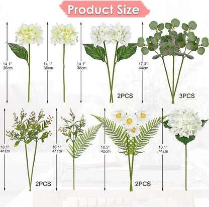 Dahlia Artificial Flowers, 12PCS Mixed White Faux Flowers with Dahlia & Daisies, Up to 20.4 Inch Long Silk Fake Flowers for Vase DIY Wedding Bouquet Party Centerpieces Arrangement Home Decor