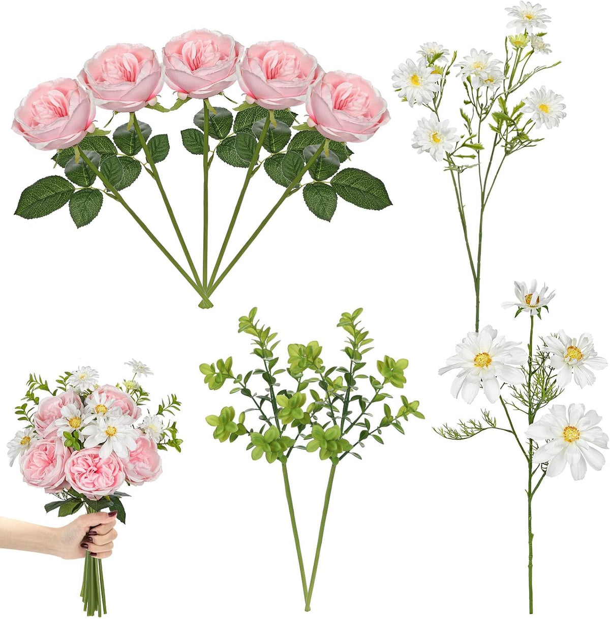 Dahlia Artificial Flowers, 12PCS Mixed White Faux Flowers with Dahlia & Daisies, Up to 20.4 Inch Long Silk Fake Flowers for Vase DIY Wedding Bouquet Party Centerpieces Arrangement Home Decor