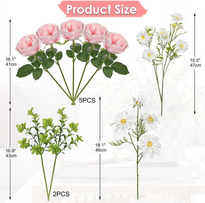 Dahlia Artificial Flowers, 12PCS Mixed White Faux Flowers with Dahlia & Daisies, Up to 20.4 Inch Long Silk Fake Flowers for Vase DIY Wedding Bouquet Party Centerpieces Arrangement Home Decor