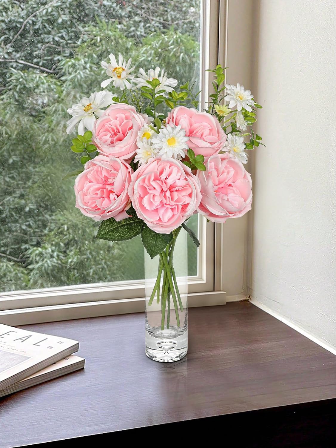 Dahlia Artificial Flowers, 12PCS Mixed White Faux Flowers with Dahlia & Daisies, Up to 20.4 Inch Long Silk Fake Flowers for Vase DIY Wedding Bouquet Party Centerpieces Arrangement Home Decor