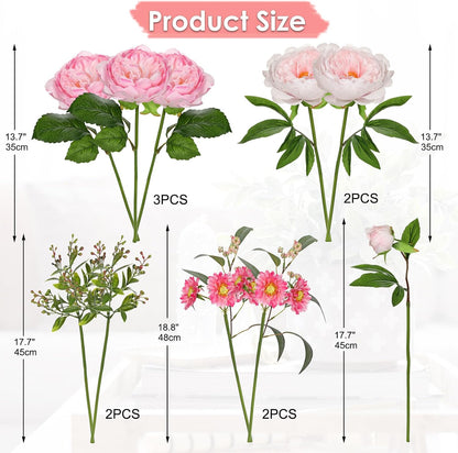 Dahlia Artificial Flowers, 12PCS Mixed White Faux Flowers with Dahlia & Daisies, Up to 20.4 Inch Long Silk Fake Flowers for Vase DIY Wedding Bouquet Party Centerpieces Arrangement Home Decor
